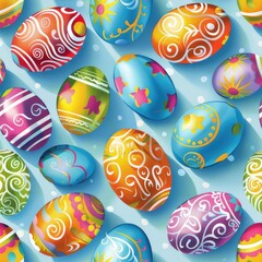 A vibrant pattern of colorful Easter eggs on a blue backdrop