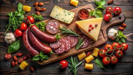 Aromatic Selection of Cured Meats, Cheeses, and Fresh Herbs on Rustic Wooden Board