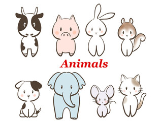 かわいい動物たちの手描きイラストセット