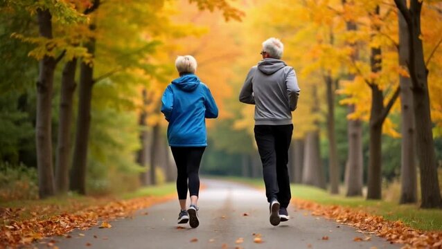 Autumn Jog: Senior Couple Running on a Fall Path
