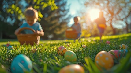 Easter Festive Photoshoot: Children Searching for Eggs on a Spring Meadow