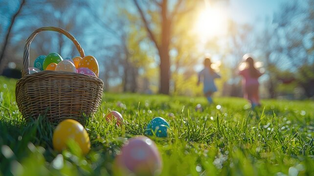 Easter Festive Photoshoot: Children Searching for Eggs on a Spring Meadow