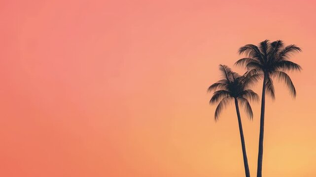 Tranquil scene of palm trees gently swaying against a stunning orange sunset background, evoking a sense of peacefulness and holiday relaxation