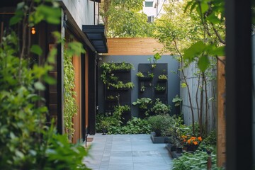 Obraz premium A sunny courtyard filled with many potted plants and greenery