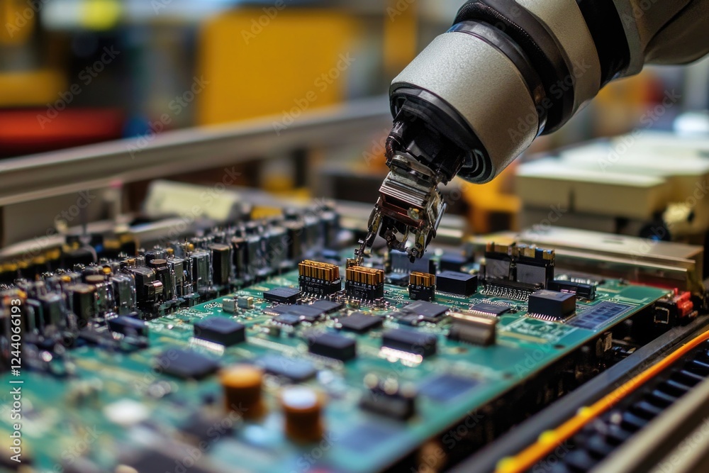 Poster a detailed view of a machine operating on a circuit board, suitable for technology or industrial con