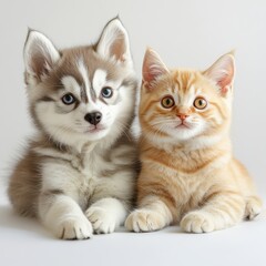 Adorable gray and white husky puppy with striking blue eyes snuggled next to charming orange tabby kitten on a soft neutral background