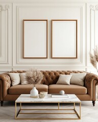 Classic style living room with two frames symmetrically placed above a velvet Chesterfield sofa, cream colored walls