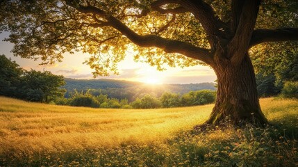 Fototapeta premium A serene landscape features a large tree with golden sunlight filtering through its leaves, casting a warm glow over a grassy meadow.