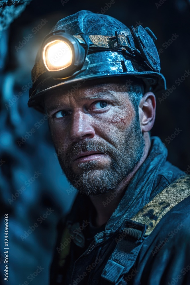 Poster a person wearing a helmet with a light on their head, great for use in scenes about adventure, explo