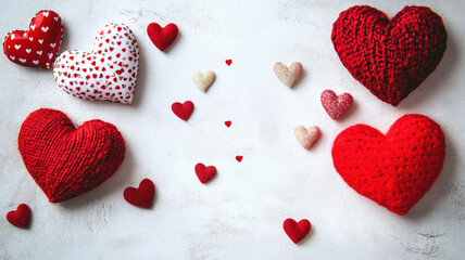 Obraz premium Handmade Fabric Hearts with Soft Textures and Romantic Decorations on a Light Background for Valentine’s Day