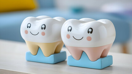 Obraz premium Happy teeth models on table, dental care