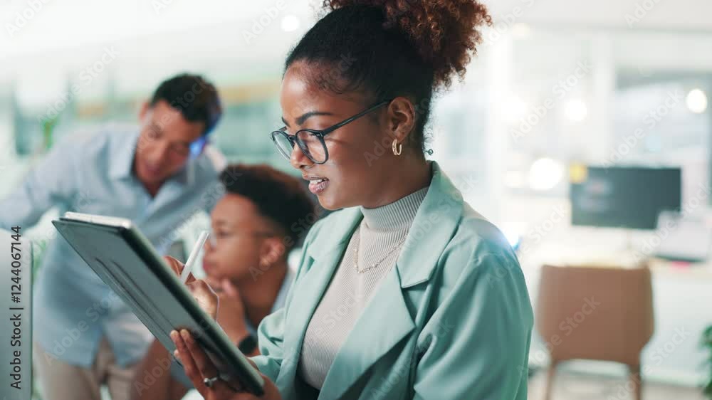 Fototapete Business, woman and happy with tablet in office for software update, testing application and web development. Programming, person and technology with stylus for database integration or code debugging