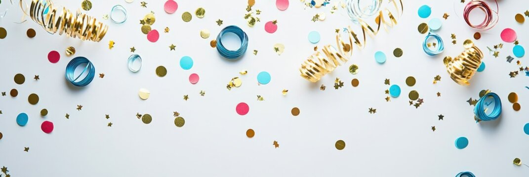 A creative layout of circular confetti and metallic streamers forming playful spirals on a white surface