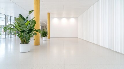 Fototapeta premium Modern building lobby, plants, white walls, spacious interior, corporate setting