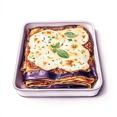 A tray of lasagna with eggplant and mozzarella, vegetarian classic, artistic pencil drawing, layered purple and white tones, isolated on white background