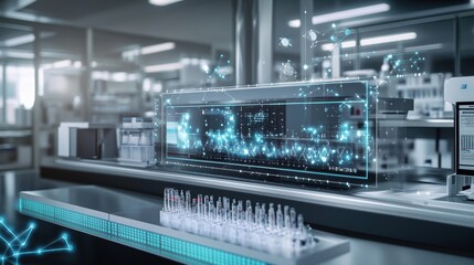 An array of stateoftheart automated pipetting systems is depicted featuring a digital interface displaying realtime data and transfer protocols emphasizing advanced technology in a