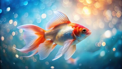 A vibrant goldfish gracefully swims in an aquatic paradise, illuminated by shimmering lights