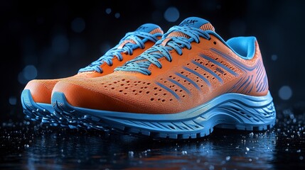 Orange running shoes on dark surface, water droplets. Lifestyle product shot