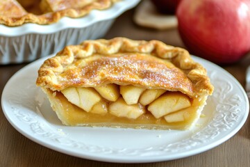 Freshly baked apple pie slice served on a clean white plate, perfect for dessert or snack