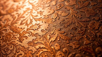 Close-up Texture of Embossed Floral Pattern on a Rich Brown Surface