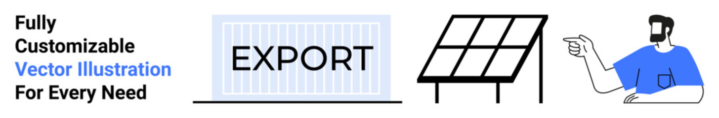 Export container with bold label, solar panel, and man guiding sustainable energy ideas. Ideal for logistics, renewable solutions, technology, sustainability, business, innovation flat landing page