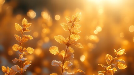 Golden leaves glistening in sunrise light
