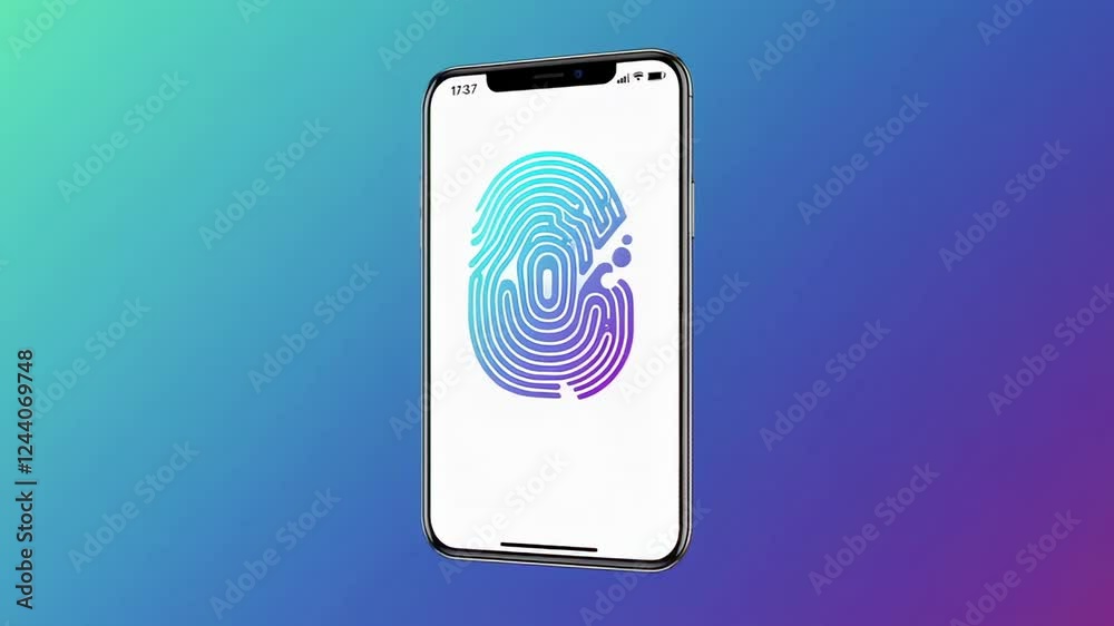 Poster Sleek smartphone revealing touch id verification process with smooth gradient background shifting from turquoise to purple, demonstrating digital security technology