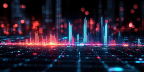 Obraz premium Colorful abstract sound waves over a digital landscape with glowing elements and futuristic lines