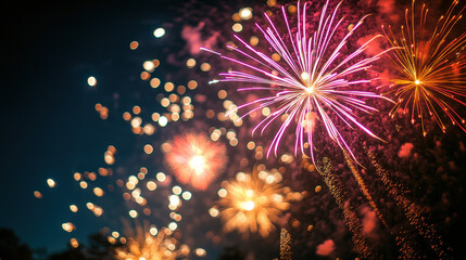 Fototapeta premium Colorful Fireworks Display Illuminating Night Sky Over Vibrant Cityscape