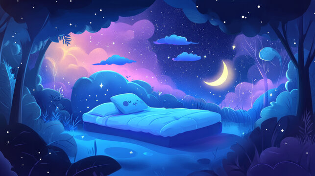 Streamer girl sleep offline twitch overlay design. Cartoon character lying on bed on off streaming cover with moon and stars. Gamer broadcast channel creative screen interface with follow button.