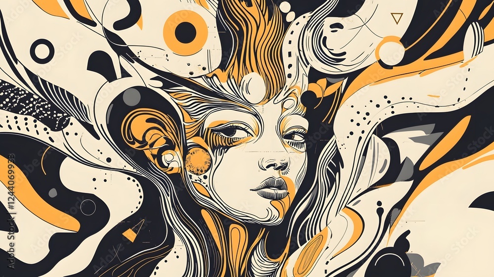 Poster ethereal digital portrait of captivating feminine face with flowing abstract patterns and vibrant co