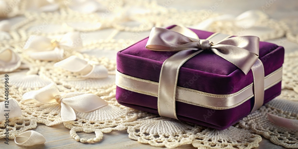 Wall mural A luxuriously wrapped purple velvet gift box with elegant ribbon bows rests on delicate lace