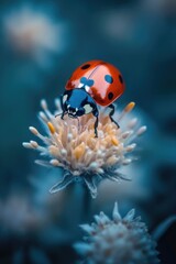 Obraz premium A ladybug sits on the petals of a colorful flower, surrounded by greenery