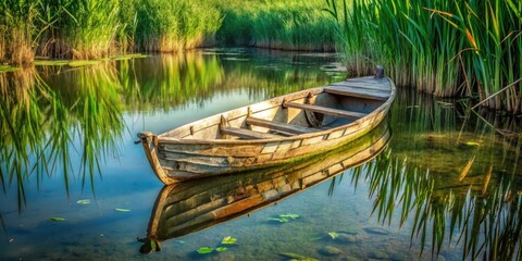 Obraz premium Serene wooden rowboat gently floats on tranquil waters, mirrored in the calm surface, surrounded by lush green reeds