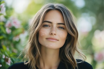 Obraz premium close-up portrait of woman with fresh morning dew on her face standing in blooming garden soft focus copy space