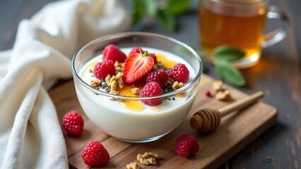 A delicious and healthy snack featuring creamy Greek yogurt, raw honey drizzle, fresh raspberries, strawberries, cranberries, walnuts, and chia seeds, presented in natural lighting.
