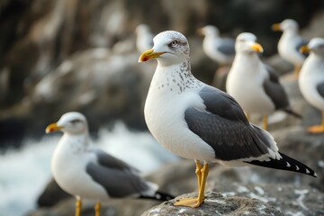 Obraz premium A group of seagulls perched on the edge of a rocky outcropping, looking out at the sea