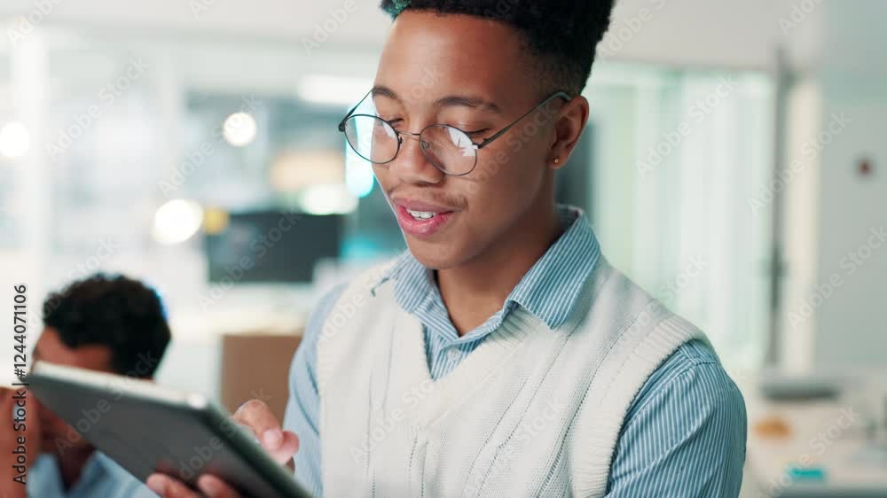 Aufkleber Business, man and happy with tablet in office for software update, writing code and web development. Programming, professional coder and testing app with stylus for database integration and debugging