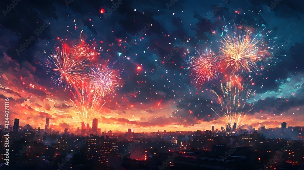 Aufkleber fireworks exploding in a dazzling array of colors illuminating the majestic cityscape against the dramatic evening sky