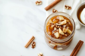 Fototapeta premium A delicious jar with wrap sandwich filled with ingredients, showcasing a wholesome jar breakfasts option topped with apples and nuts for a nutritious meal.