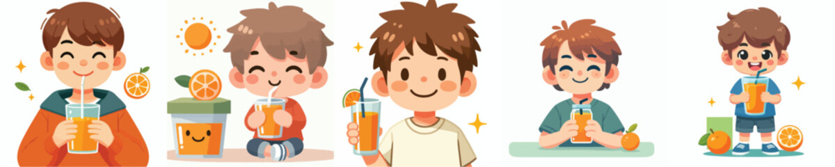vector set of kids drinking orange juice