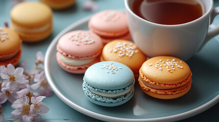 Fototapeta premium Colorful macarons with a cup of tea on a blue wooden table with flowers