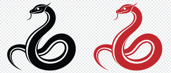 snake icon, snake vector silhouette, Curved snake animal design. black and red snake. Sign of a black snake on a tranesporent background.