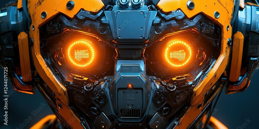 Poster futuristic robotic face with illuminated features in a high-tech environment