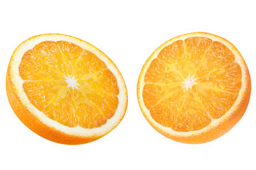 Two slices or halves of orange on isolated white background