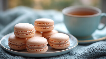 Obraz premium Delicate macarons on a plate alongside a steaming cup of tea