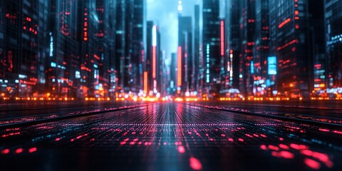 Fototapeta premium Vibrant cityscape at night showcasing digital lights and futuristic architecture