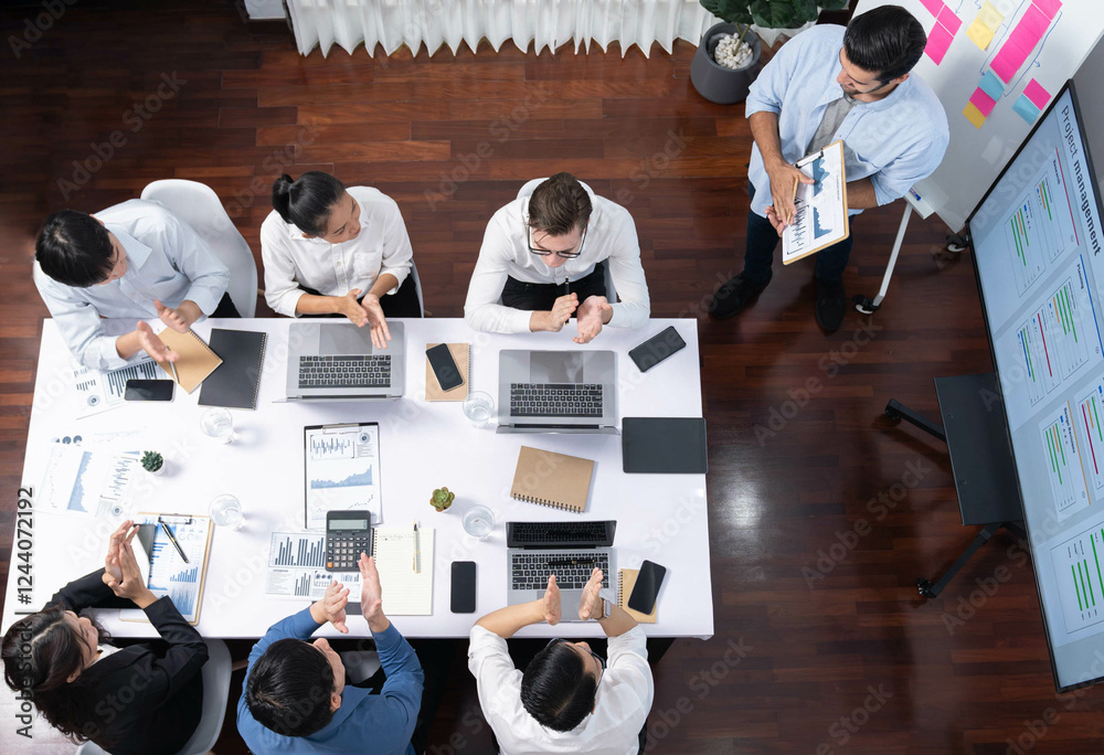 Aufkleber top view analyst team utilizing bi fintech to analyze financial data at table in meeting room. analy