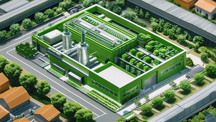 Aerial view showcasing a green factory symbolizing green washing concept, AI genrated, AI generated