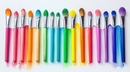 A vibrant collection of paintbrushes in various colors, arranged neatly in a row, showcasing a spectrum of hues from pink to purple.